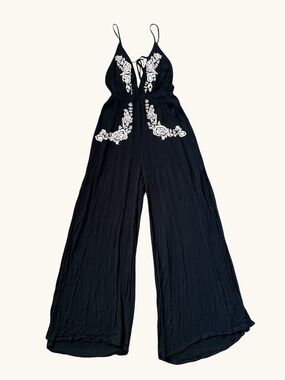 Black & Pink Embroidered V-Neck Wide-Leg Jumpsuit